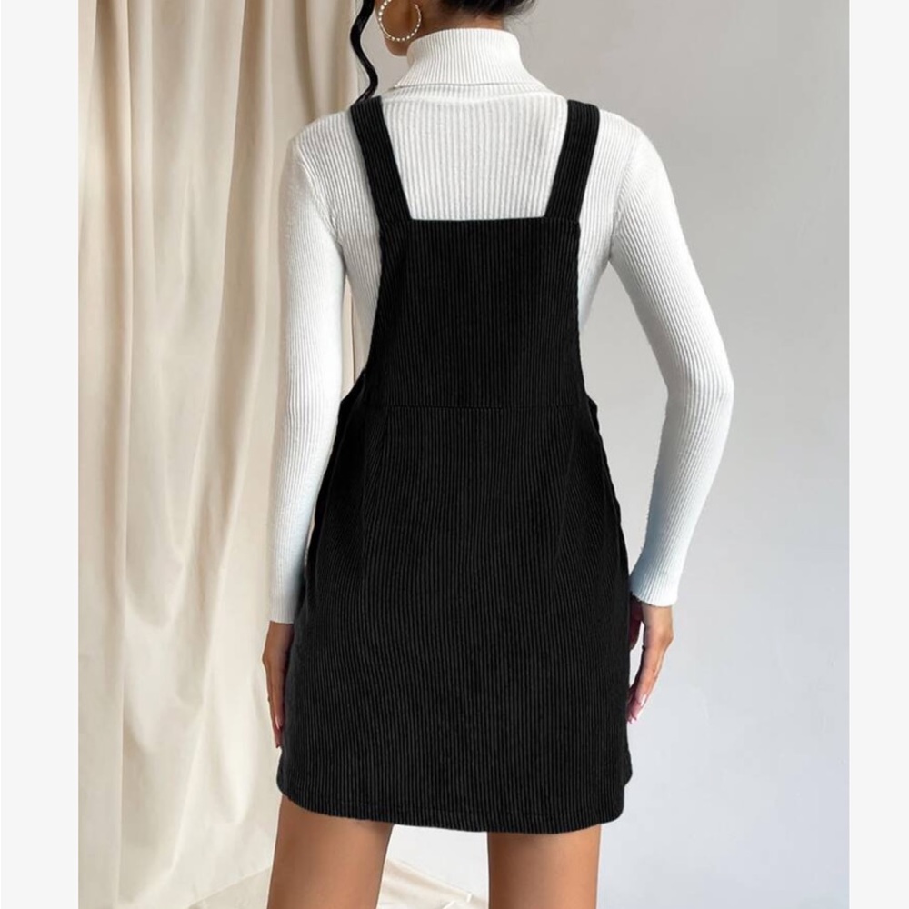 Classic Elegant Corduroy Solid Pocket Jumper Overall Dress Without Sweater BLACK - Picture 3 of 13
